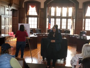 Candidate for Congress Juana Matias speaks to Methuen Dems