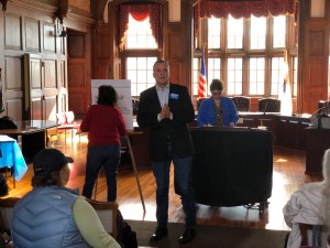 Candidate for Congress Chad Gifford speaks to Methuen Dems