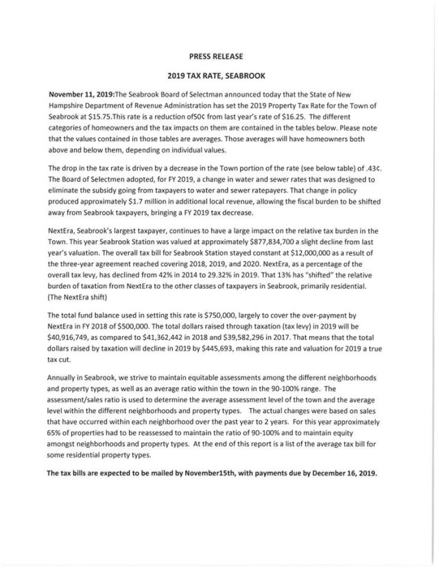 Seabrook 2019 Tax Rate is Set Bill